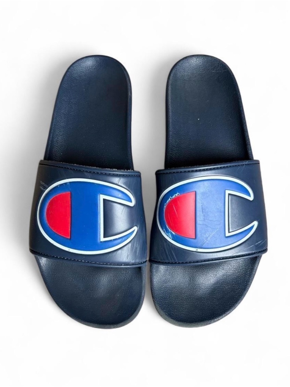 Champion Navy Slide Sandals with Red & Blue Logo. Size 11 US.